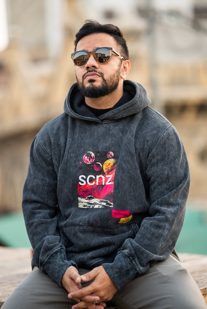 'I don't believe in humans' Black Acid Wash Hoodie | 008