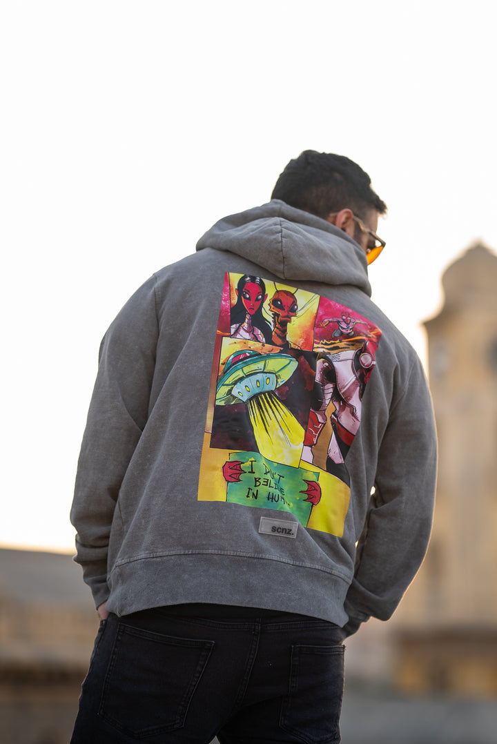 'I don't believe in humans' Grey Acid Wash Hoodie | 008