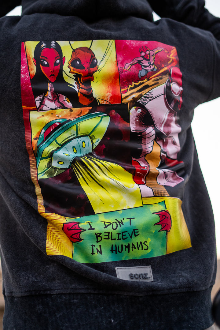 'I don't believe in humans' Black Acid Wash Hoodie | 008