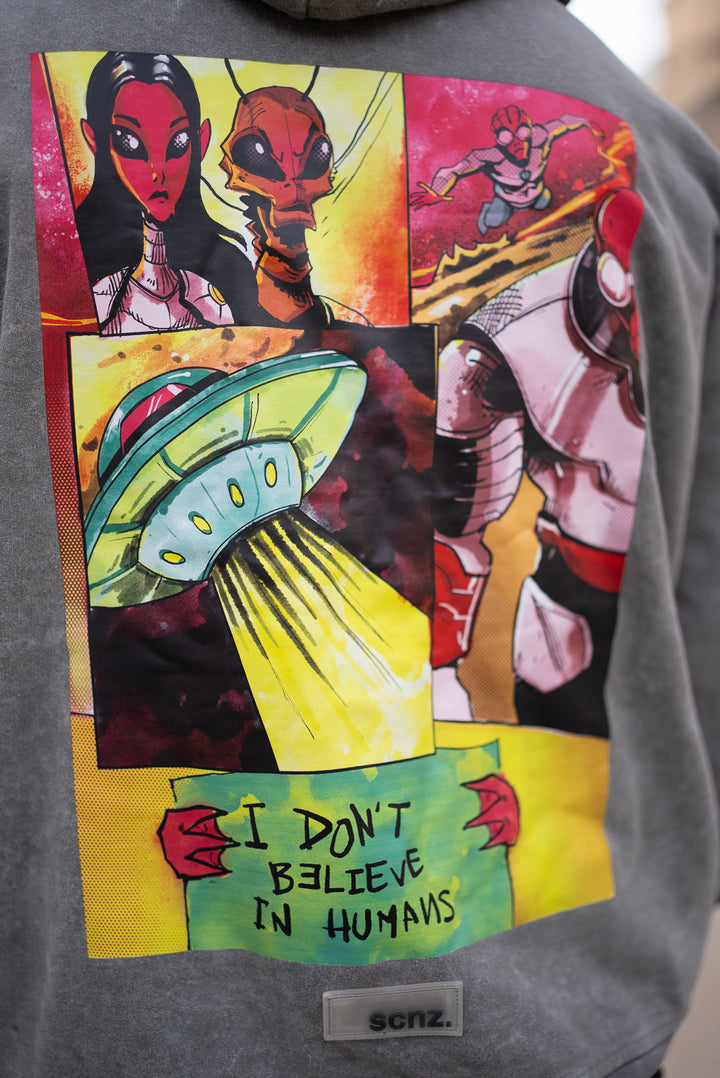'I don't believe in humans' Grey Acid Wash Hoodie | 008